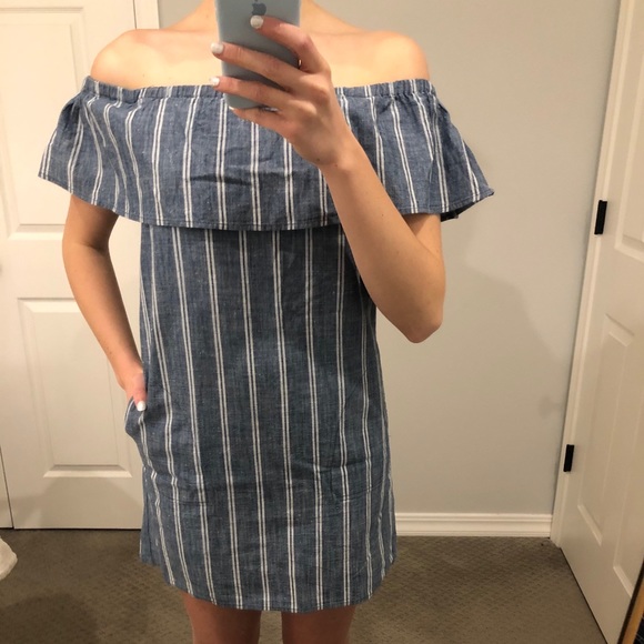J Crew Striped Chambray Ruffle Neck Dress - Picture 3 of 7